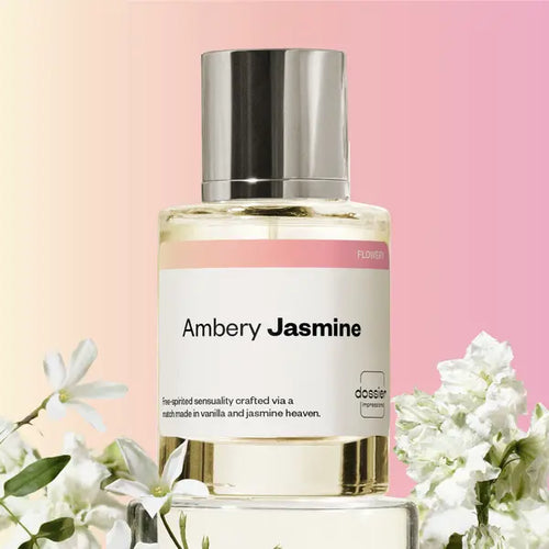 Ambery Jasmine Eau de Parfum by Dossier in minimalist bottle with jasmine flowers