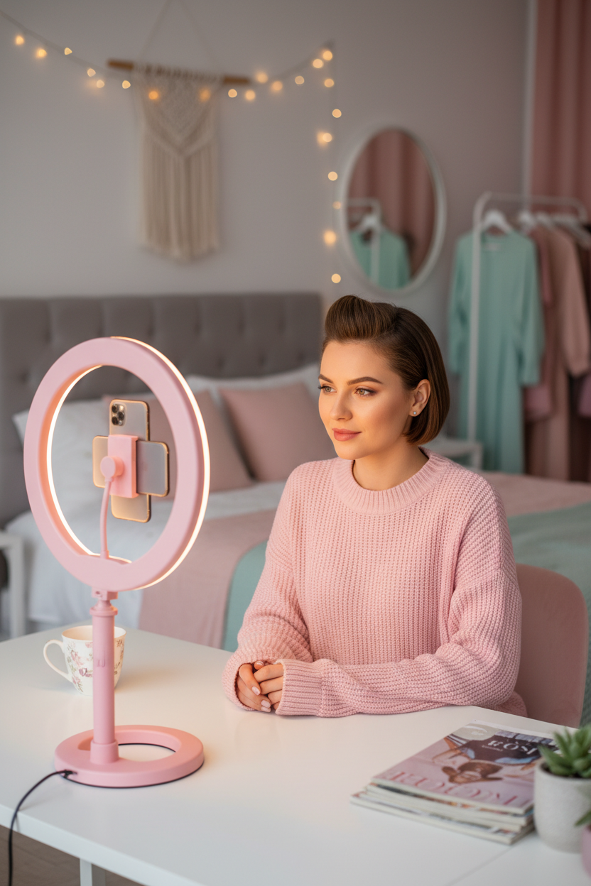 Content creator filming with pink 360° rotating phone holder and ring light at aesthetic desk setup
