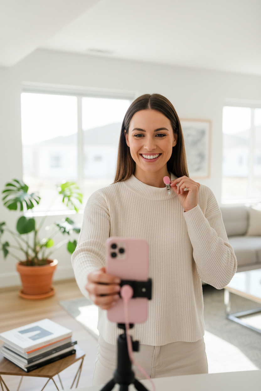 Content creator clipping on pink wireless lavalier microphone while filming a vlog