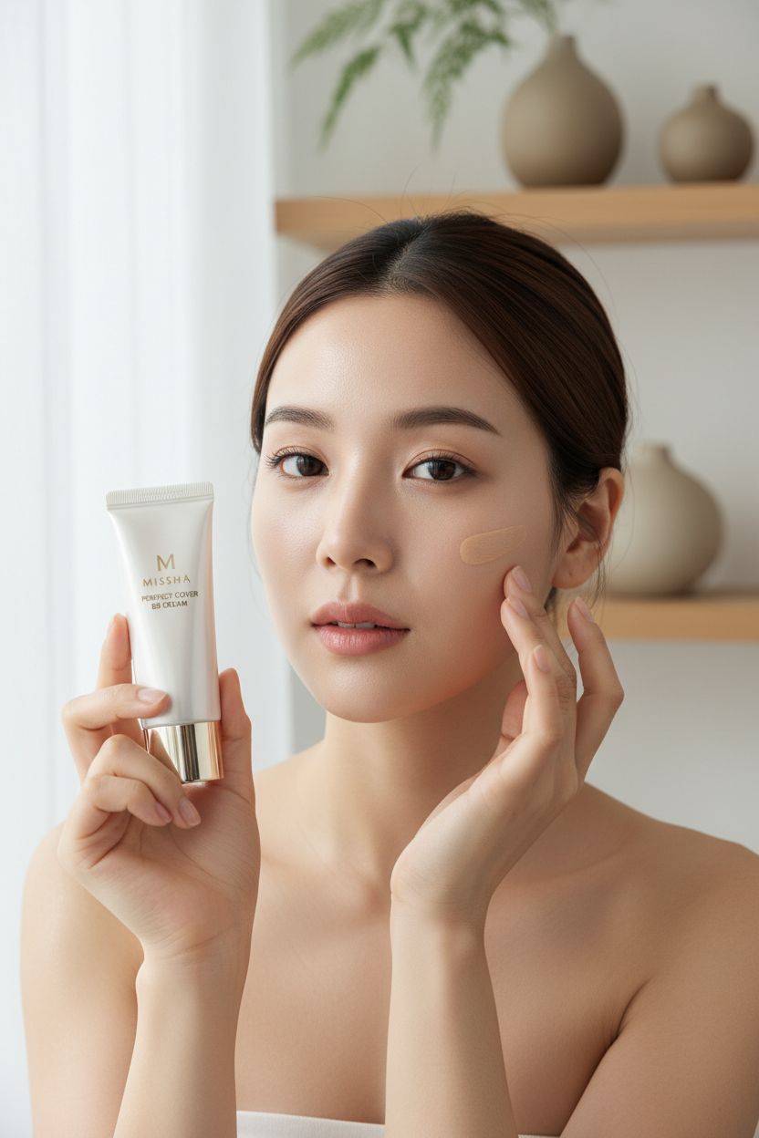 Woman with glowing skin applying MISSHA BB cream, soft natural lighting beauty shot